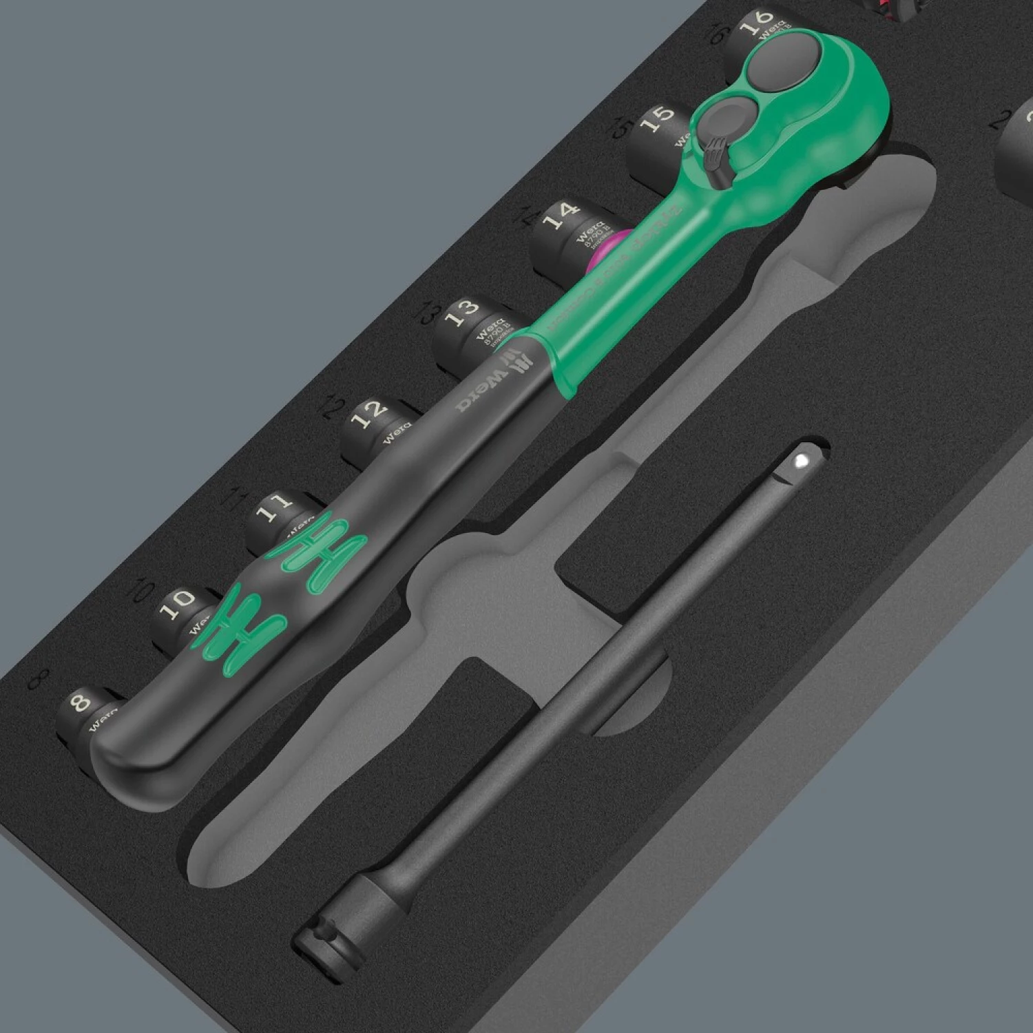 Wera 05150114001 16 pièces 9724 8010 B Zyklop Comfort Jeu de clés à cliquet et douilles dans un insert en mousse - 3/8"-image