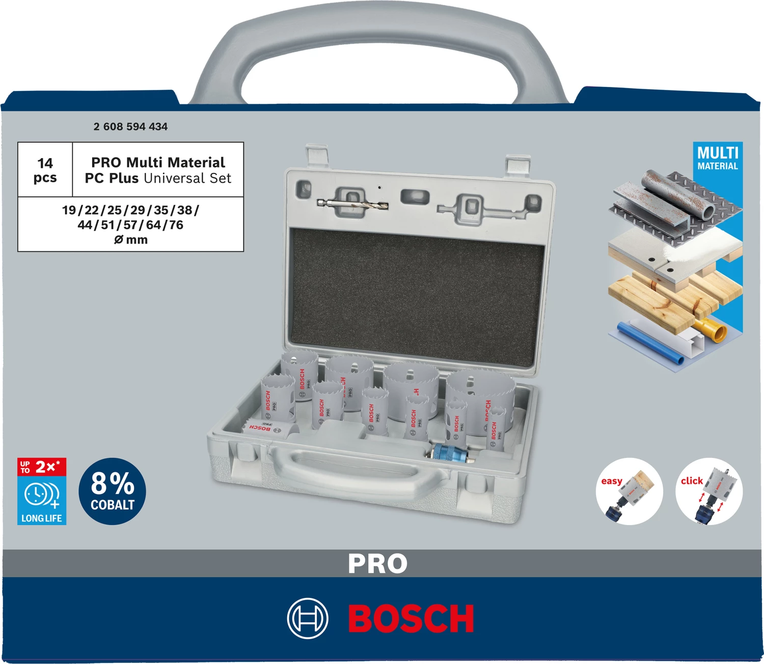 Bosch 2608594434 PRO Jeu de 14 scies-cloches PC Plus multi-matériaux - 19, 22, 25, 29, 35, 38, 44, 51, 57, 64, 76 mm-image