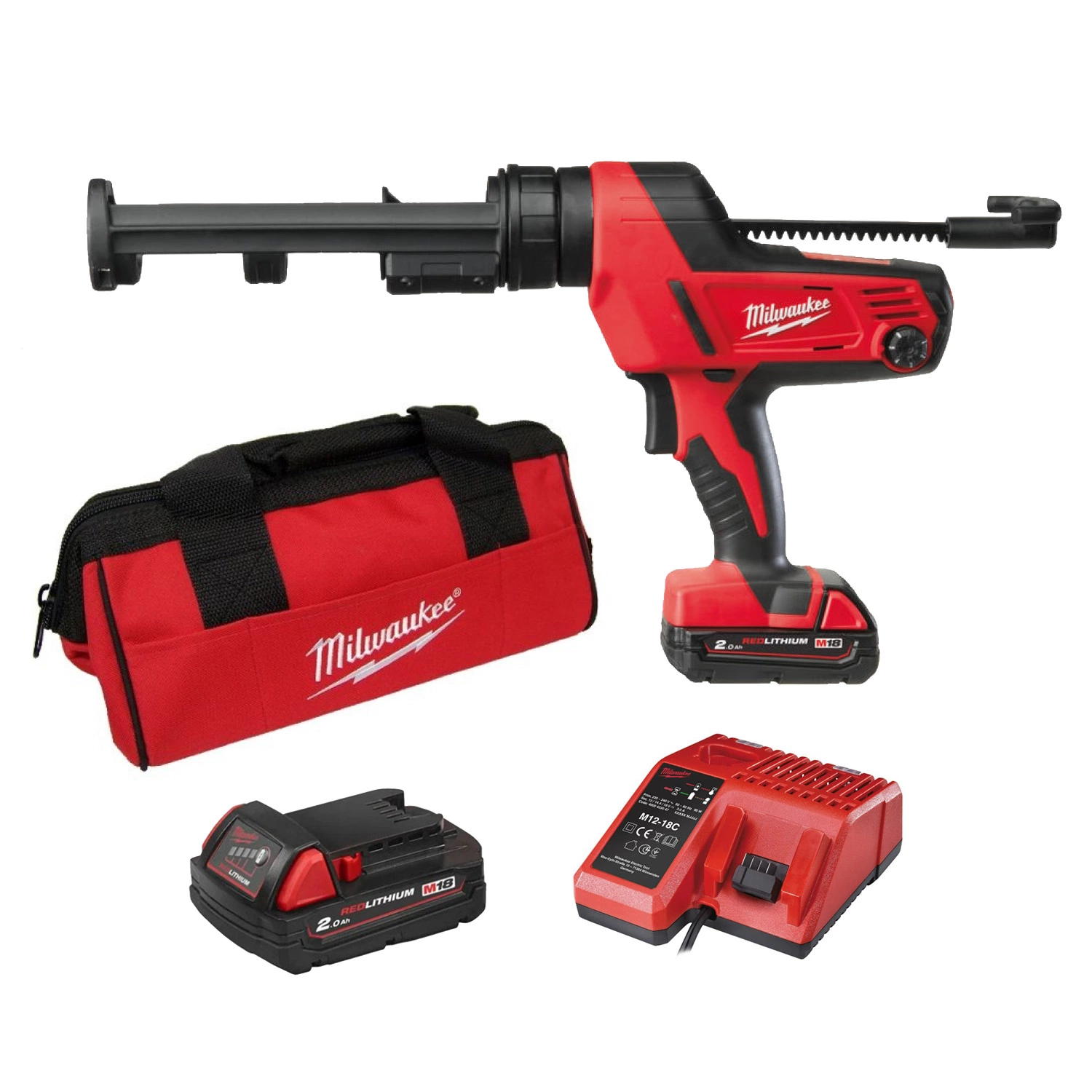 Milwaukee C18 PCG/310C-201B 18V Li-Ion Accu lijm- en kitspuit set (1x 2.0Ah accu) incl. kokerhouder in tas-image