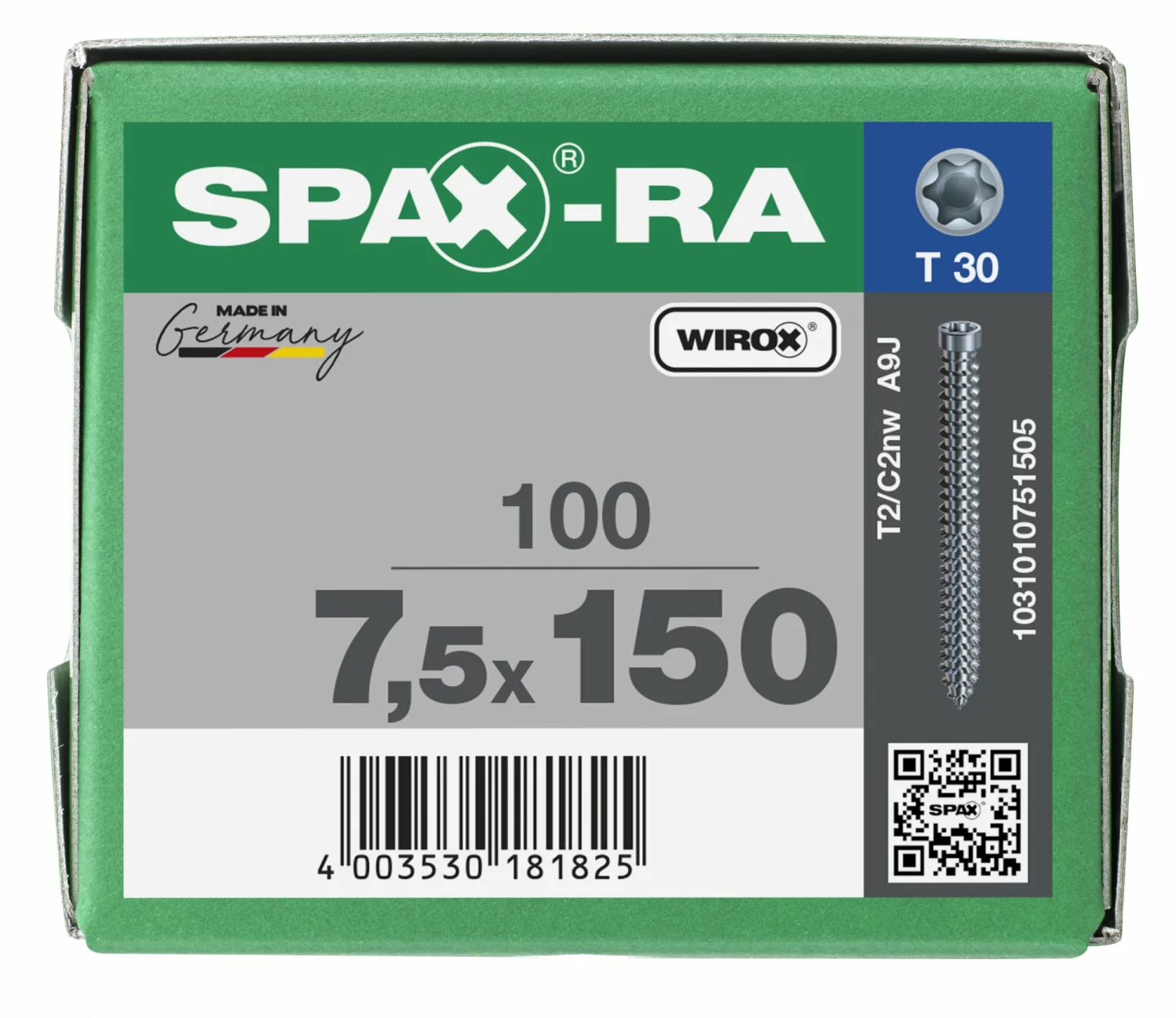 SPAX 1031010751505 - SPAX-RA, 7,5 x 150 mm, 100 pièces, Tête centrante, Tête cylindrique, T-STAR plus T30, WIROX-image