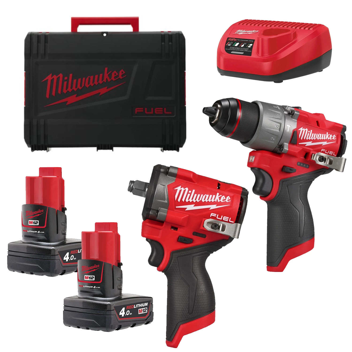 Milwaukee M12 FPP2X2-402X 12 V Li-ion batterie perceuse-visseuse à percussion (M12 FPD2) & clé à chocs (M12 FCIWF12G3) kit combiné (2 batteries 4,0 Ah) dans un coffret HD-image