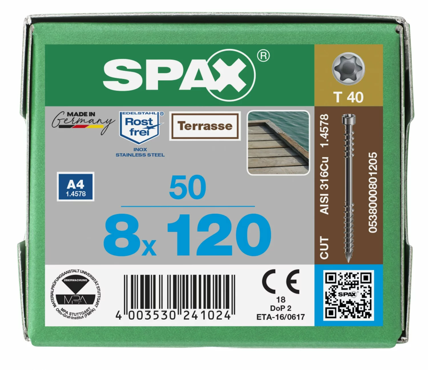 SPAX 538000801205 Vlonderschroef, Cilinderkop, 8 x 120, Fixeerschroefdraad, T-STAR plus TX25 - blank - 50 stuks