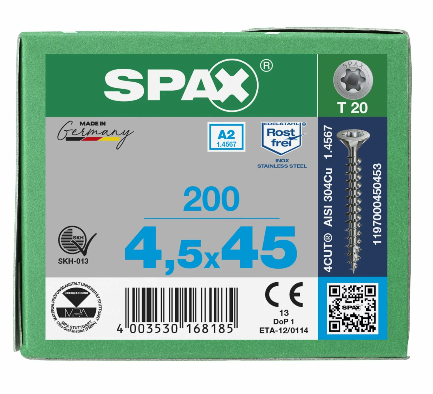 SPAX 1197000450453 - Vis en acier inoxydable, 4,5 x 45 mm, 200 pièces, Tête centrante, Tête fraisée, T-STAR plus T20, 4CUT, Acier inoxydable A2-image