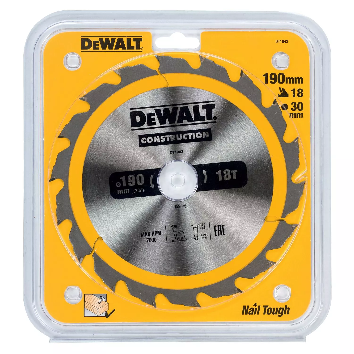 DeWALT DT1943 Circular Saw Blade - 190 x 30 x 18T - Wood (avec ongles)-image
