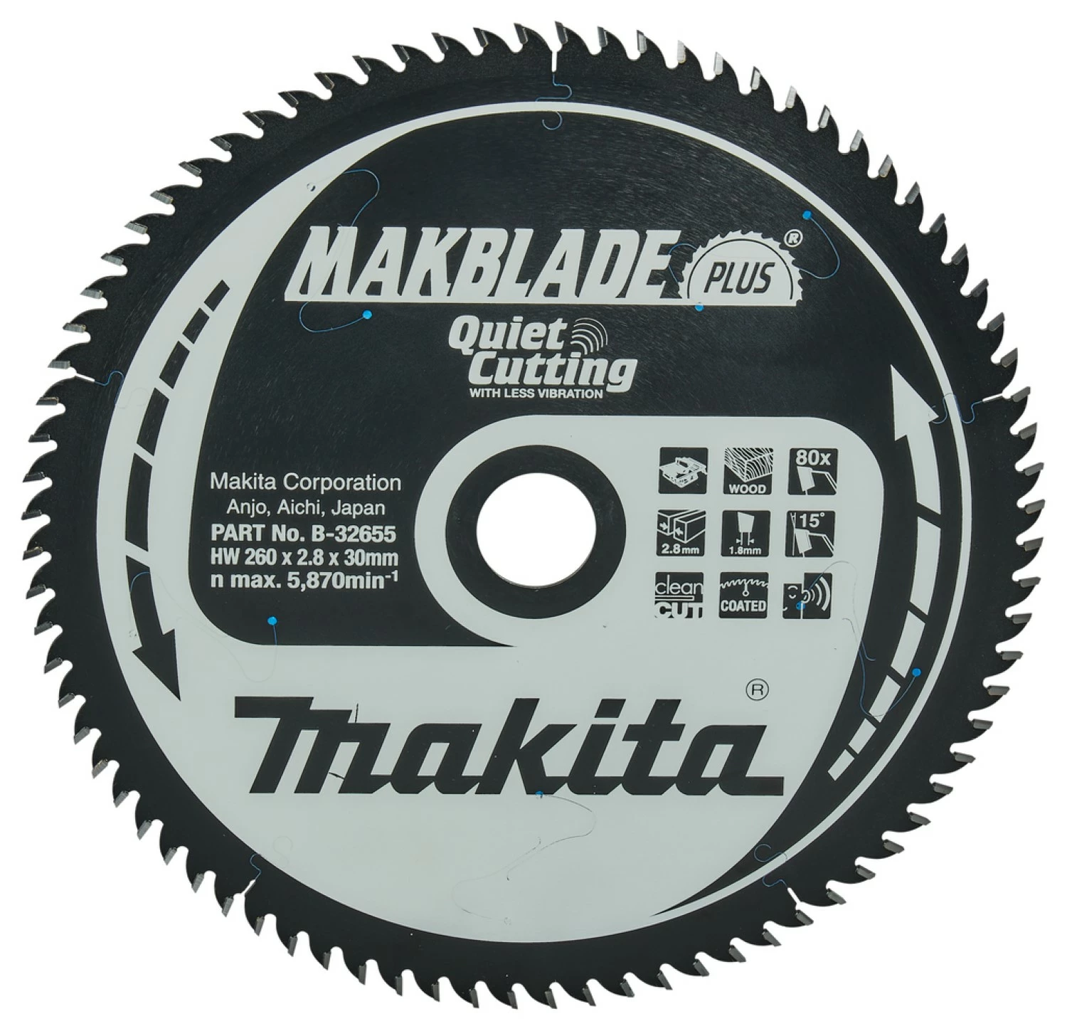 Makita B-32655 Makblade-Plus Lame de scie de table - 260 x 30 x 80T - Bois-image