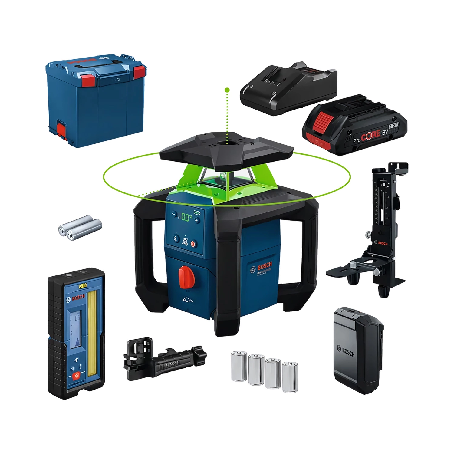 Bosch GRL 18V-4-34 CVG Kit laser rotatif avec récepteur, batterie 18 V et support mural dans un L-Boxx - vert - 30 m - 1x 360° - IP66