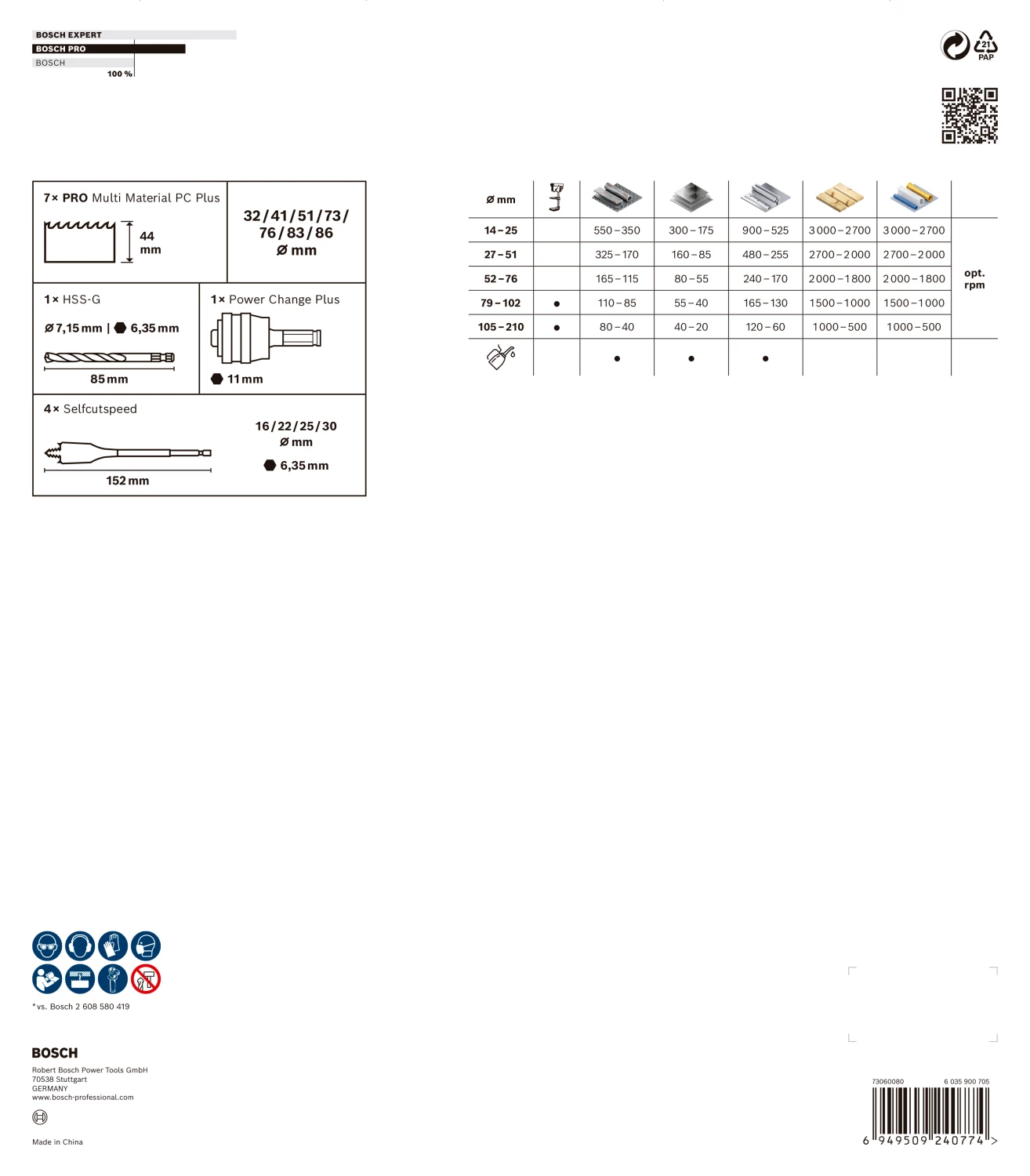 Bosch 2608594433 Jeu de scies cloches PRO 13 pièces Multi Material PC Plus - 32, 41, 51, 73, 76, 83, 86 mm-image