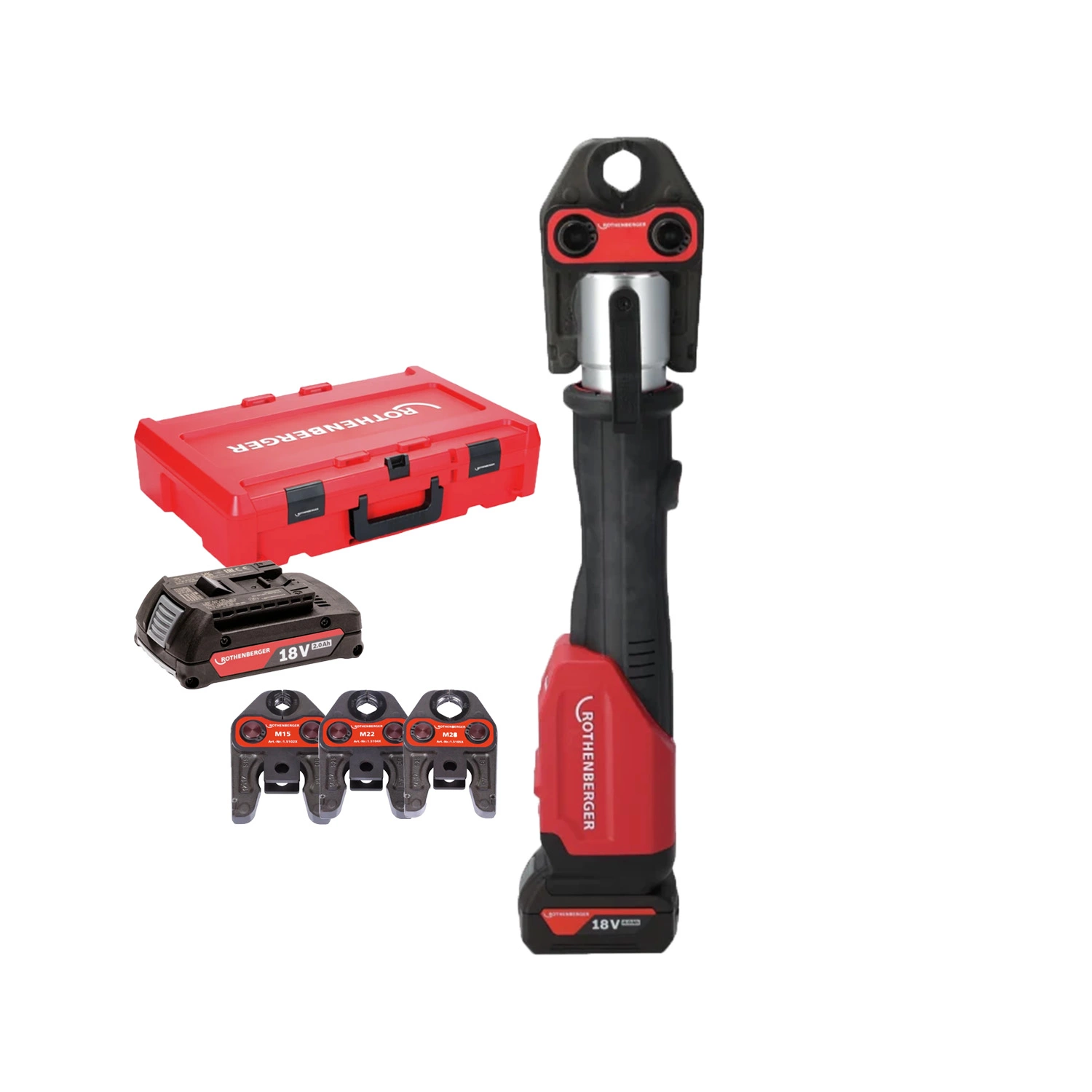 Rothenberger 1000004174 Romax 4000 18 V, kit de pince à sertir sans fil (1 batterie 4,0 Ah + chargeur) avec mâchoire M - 15-22-28 mm - AMPShare