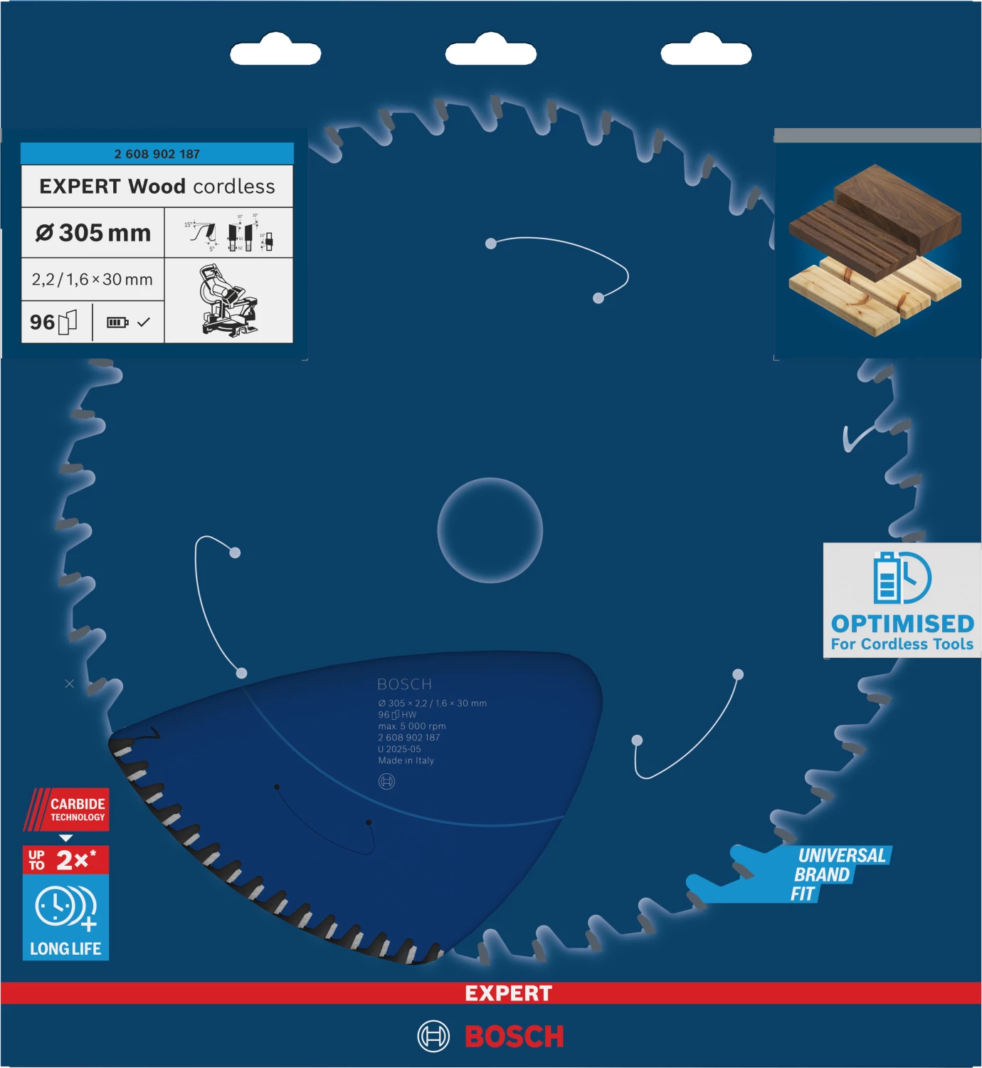 Bosch 2608902187 EXPERT accu afkortzaagblad voor Hout - 305 x 30 x 96T-image