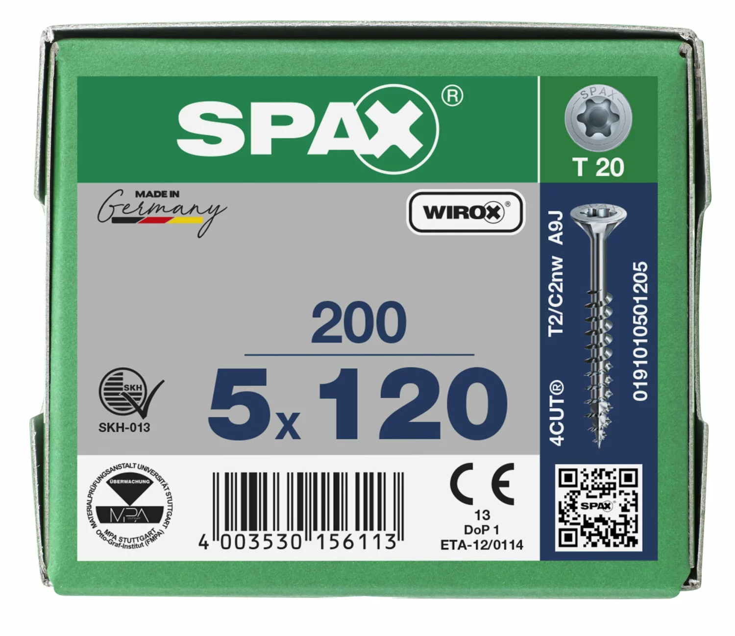 SPAX 191010501205 - Vis universelle, 5 x 120 mm, 200 pièces, Filetage partiel, Tête fraisée, T-STAR plus T20, 4CUT, WIROX-image