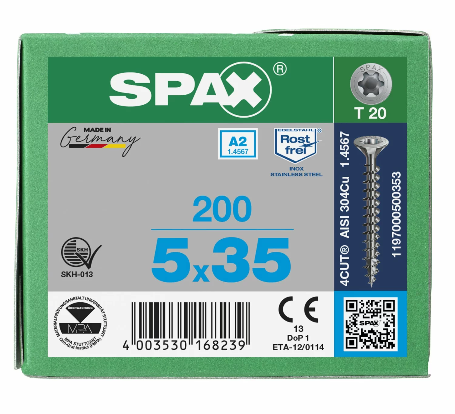 SPAX 1197000500353 Roestvaststalen schroef, Verzonken kop, 5 x 35, Voldraad, T-STAR plus TX20 - blank - 200 stuks-image