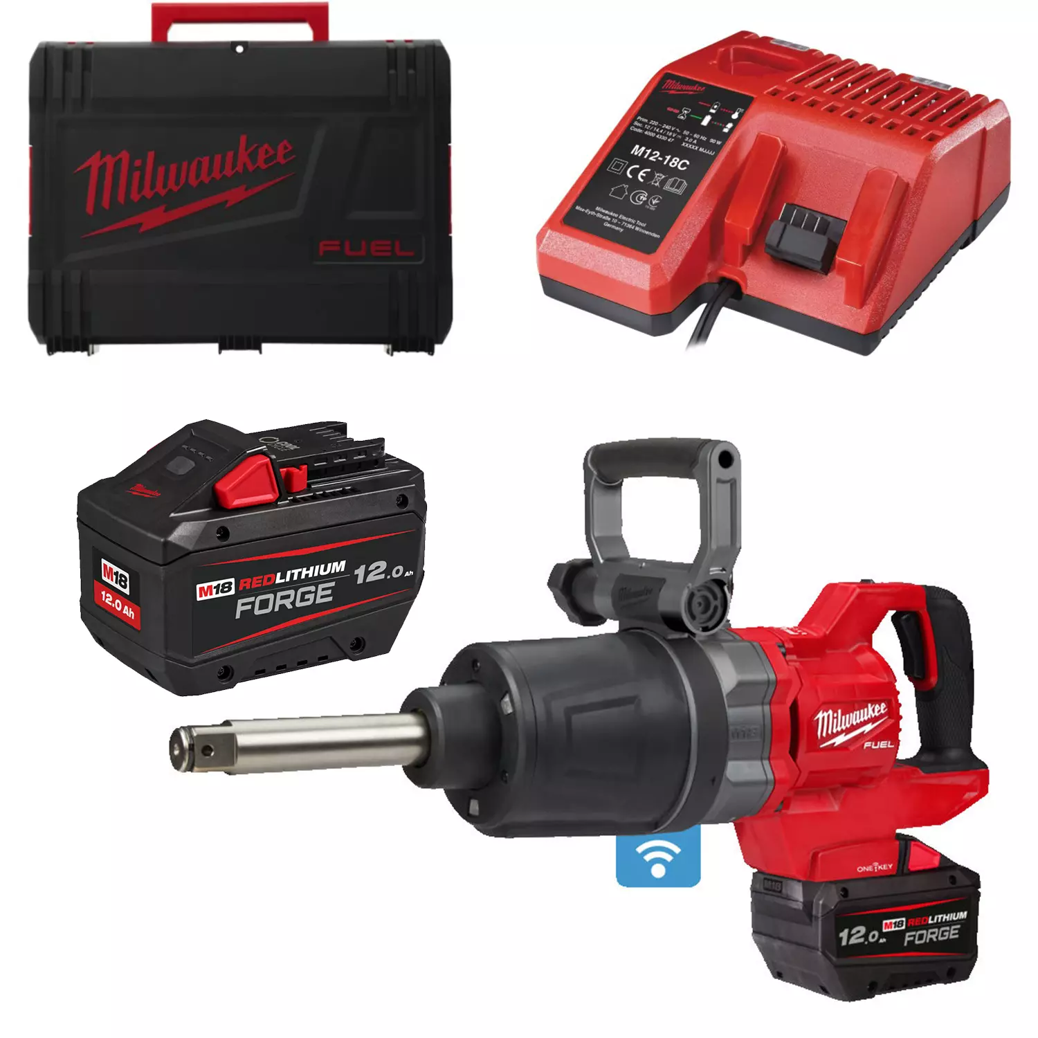 Milwaukee M18 ONEFHIWF1D-121C 18V Li-ion accu slagmoersleutel met frictiering en verlengde as set (1x 12.0Ah accu) in koffer - 1'' - 2711Nm-image