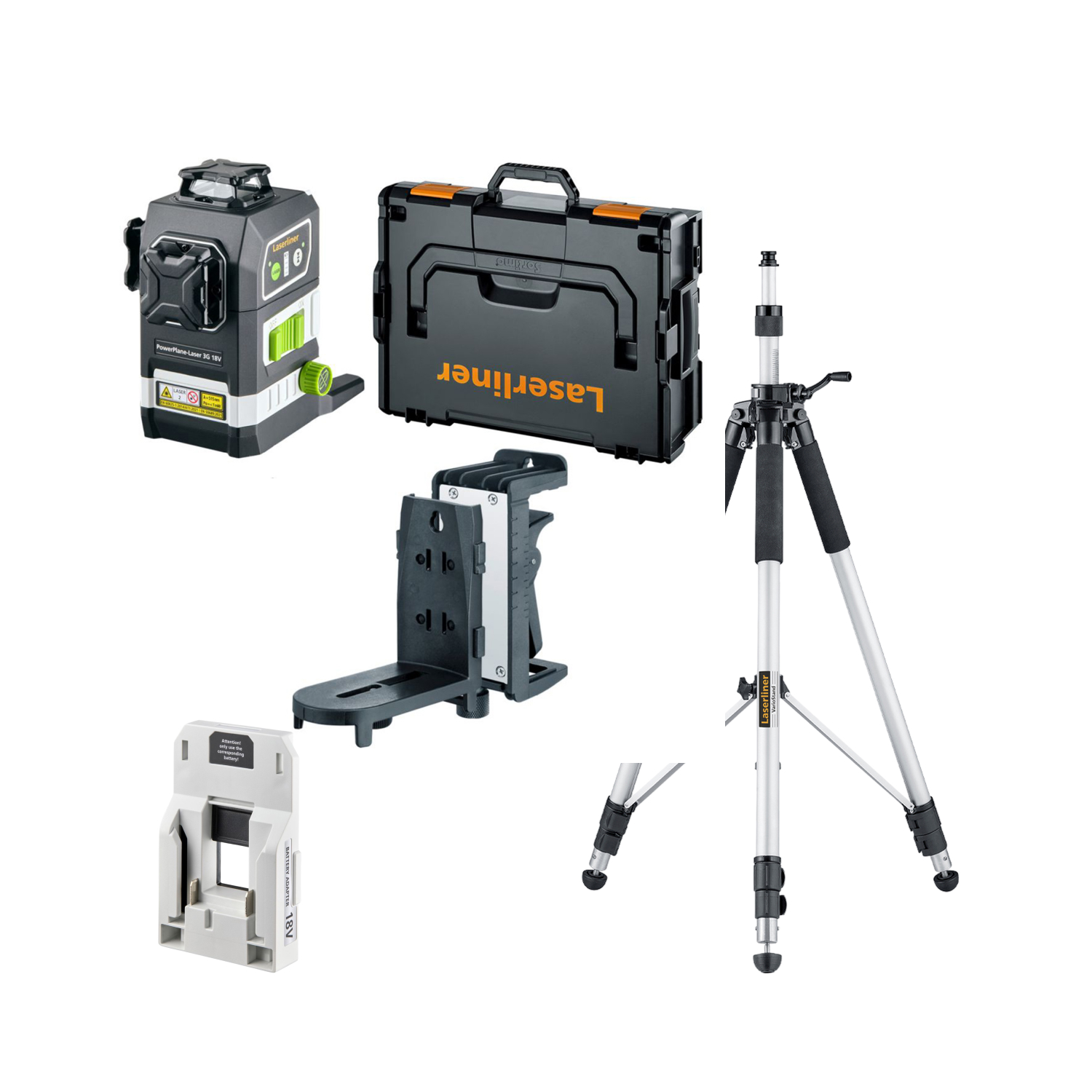 Laserliner PowerPlane-Laser 3G Multi-18V Laser à lignes croisées dans L-Boxx - 3 lignes - vert - 60 m - IP54 + trépied laser VarioStand L + adaptateur Metabo-image