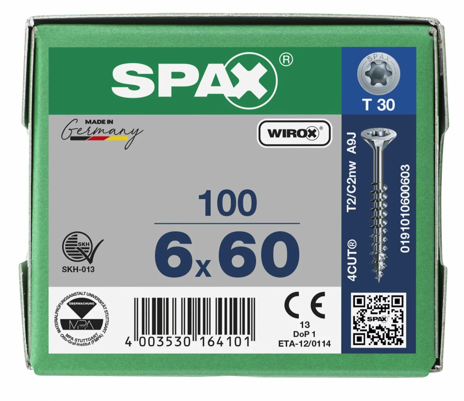 SPAX 191010600603 - Vis universelle, 6 x 60 mm, 100 pièces, Filetage partiel, Tête fraisée, T-STAR plus T30, 4CUT, WIROX-image