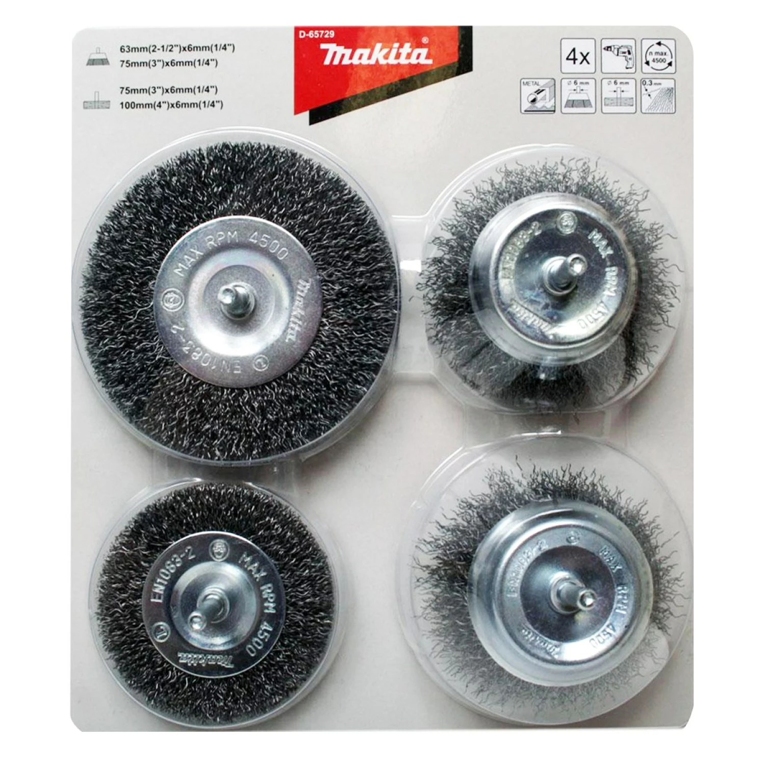 Makita D-65729 - Set de brosses métalliques (4pcs) - 6 mm - 63 / 75 / 75 / 100 mm-image