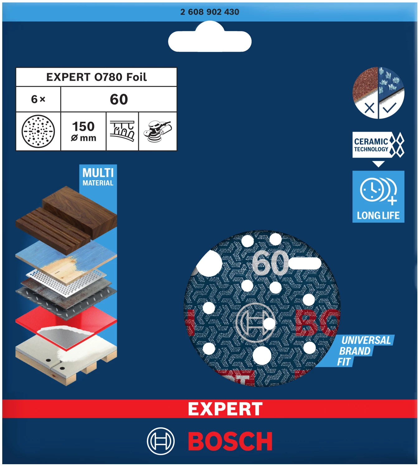 Bosch 2608902430 Disque abrasif EXPERT O780 avec support film - 150 mm - K60 (6 pièces)-image