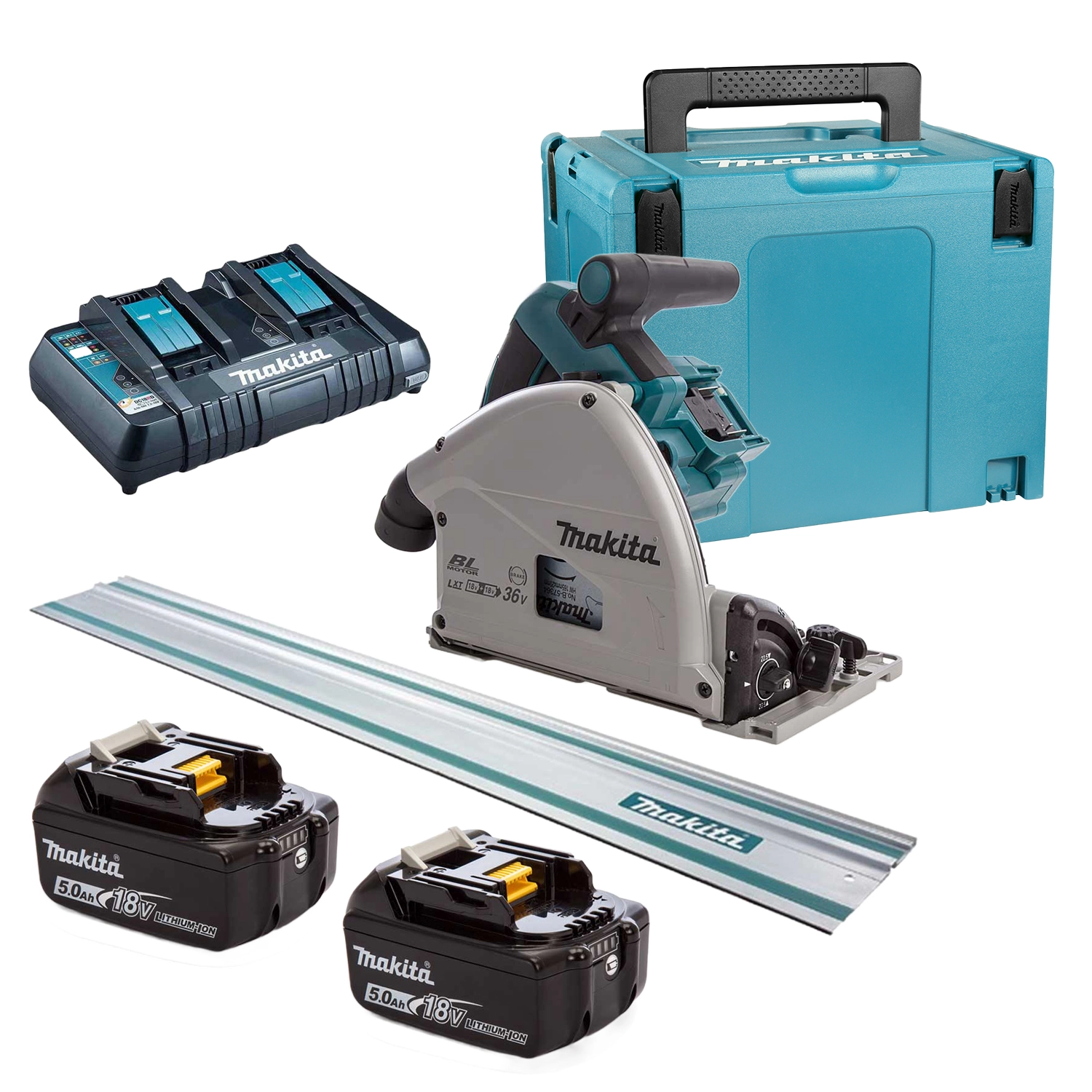 Makita DSP600PT2J1 36V (2x 18V) Li-Ion accu Invalzaag set (2x 5,0Ah accu) in Mbox incl. geleiderail - 165 x 20 mm - koolborstelloos-image