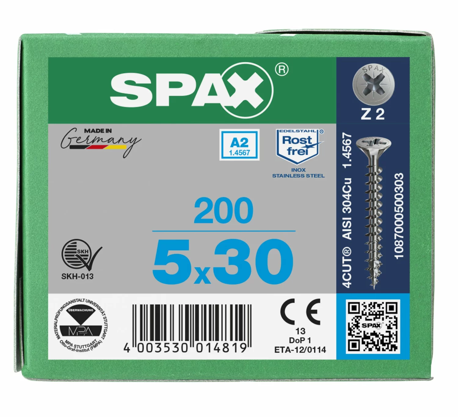 SPAX 1087000500303 Roestvaststalen schroef, Verzonken kop, 5 x 30, Voldraad, Kruiskop Z2 - blank - 200 stuks-image