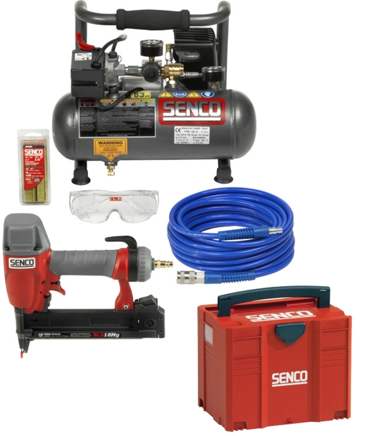 Senco PC0964EUPS Pince de finition pneumatique (Finishpro18 Mg) dans un conteneur T-loc & Compresseur 3.8L (PC1010) + combi tuyau 5m-image