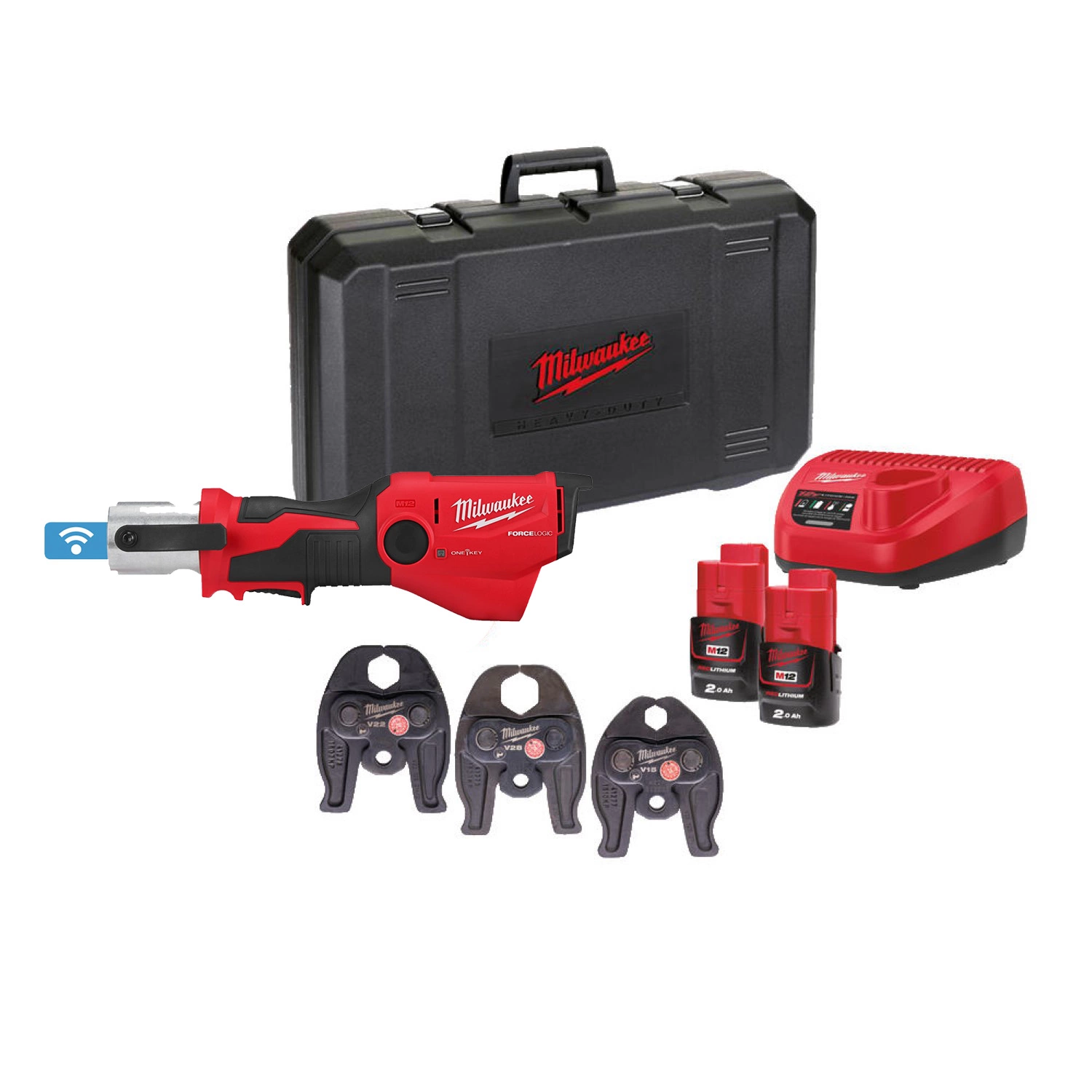 Milwaukee M12 ONEHPT-202C Kit de pince de serrage hydraulique à batterie Li-ion 12 V (2 batteries 2,0 Ah) dans un coffret - V-Set-image