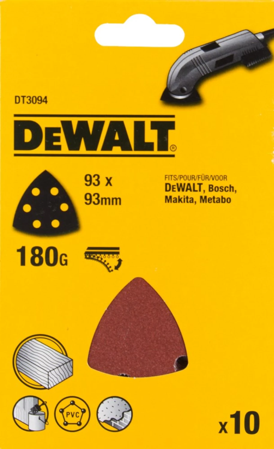 DeWALT DT3094 Deltaschuurpapier - K180 - 93x93mm - 6 gaten - 10st