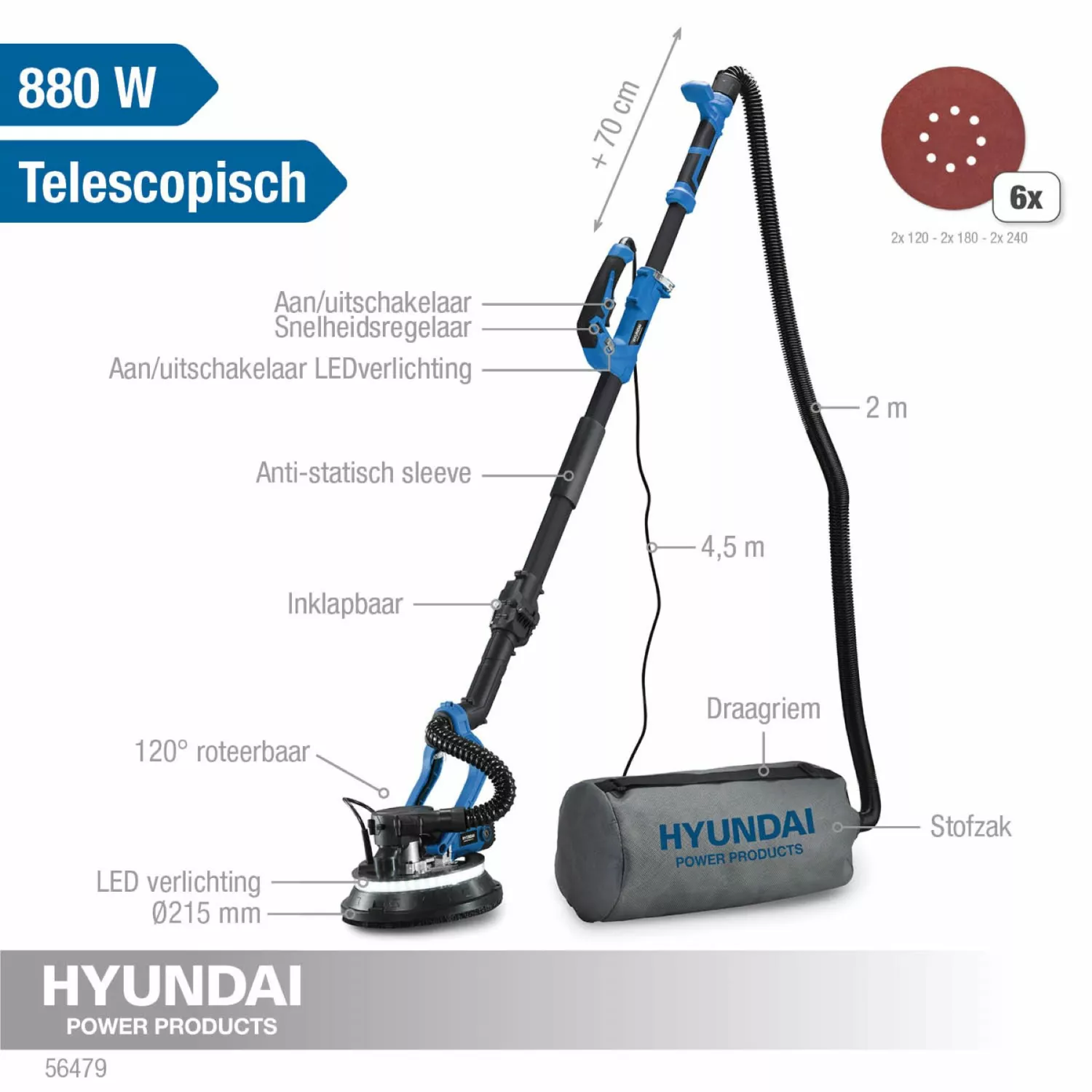 Hyundai 56479 Wand-/plafondschuurmachine met LED-verlichting - 880W-image