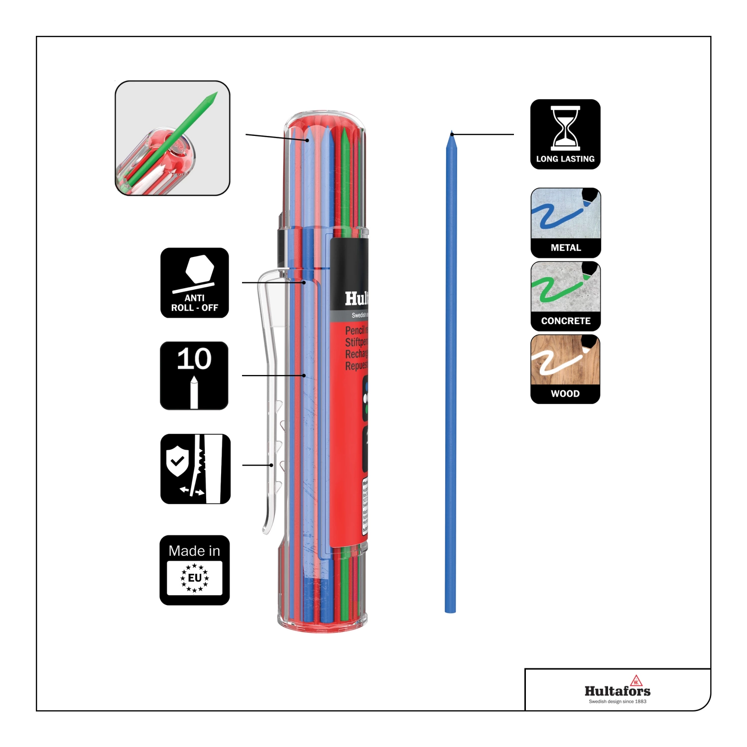 Hultafors HRD-BGW Recharge crayon (10 pcs) - Bleu, vert et blanc-image