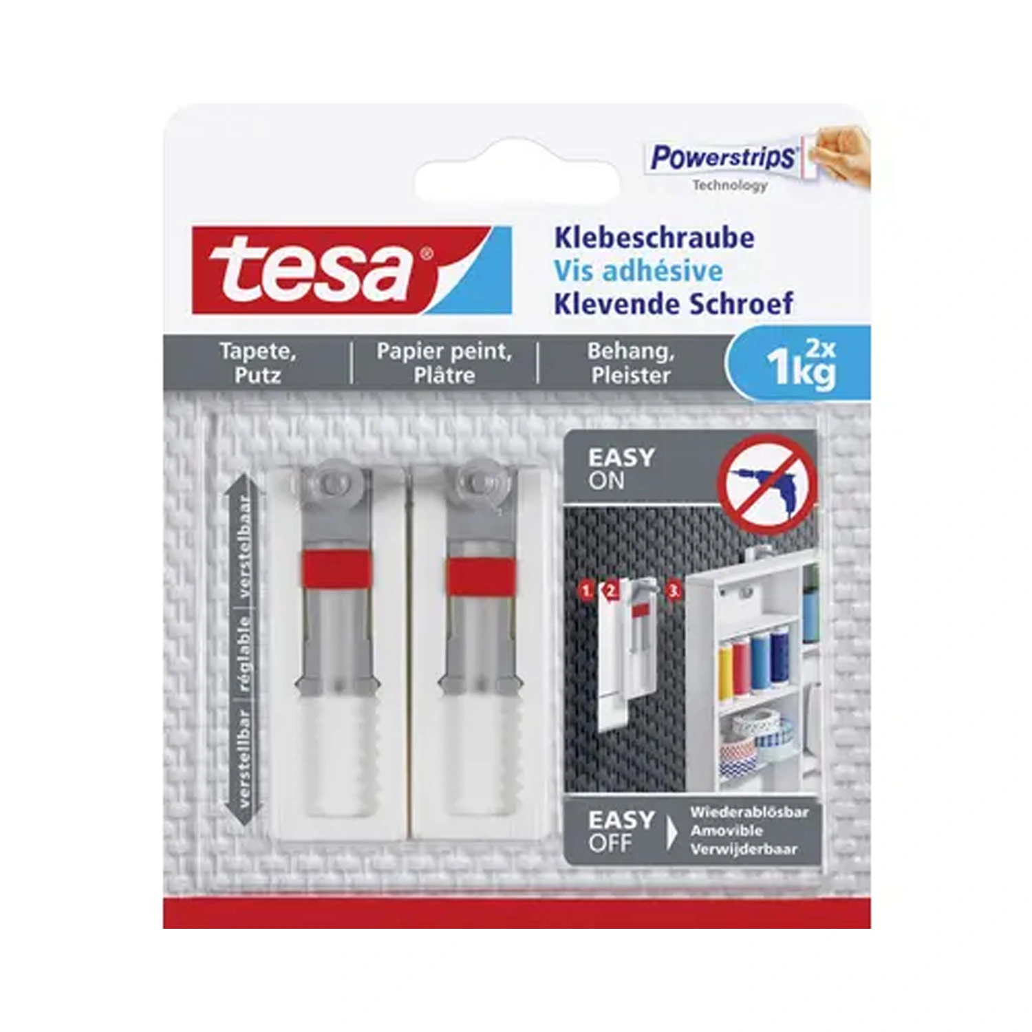 Tesa 77775 Zelfklevende schroef voor gladde, stevige ondergronden - verstelbaar - 1kg (2st)