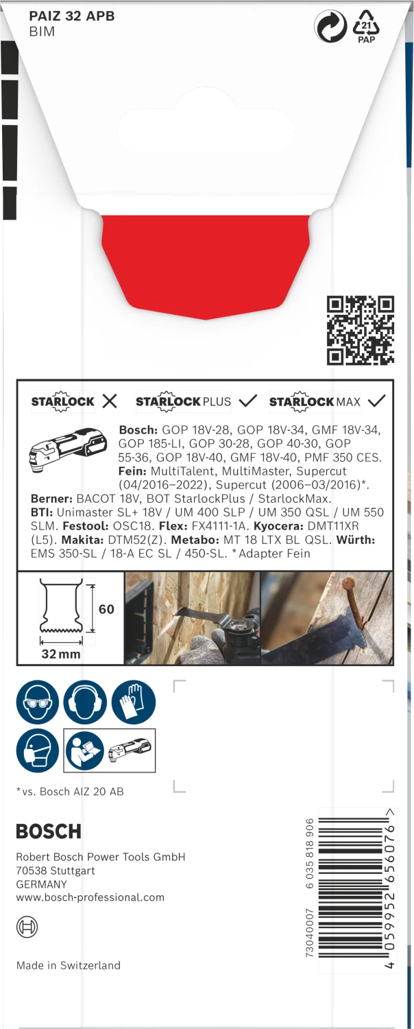 Bosch 2608669128 PRO / PAIZ 32 APB Lame de scie plongeante BIM - 60 x 32 mm - Bois et métal (1 pièce)-image