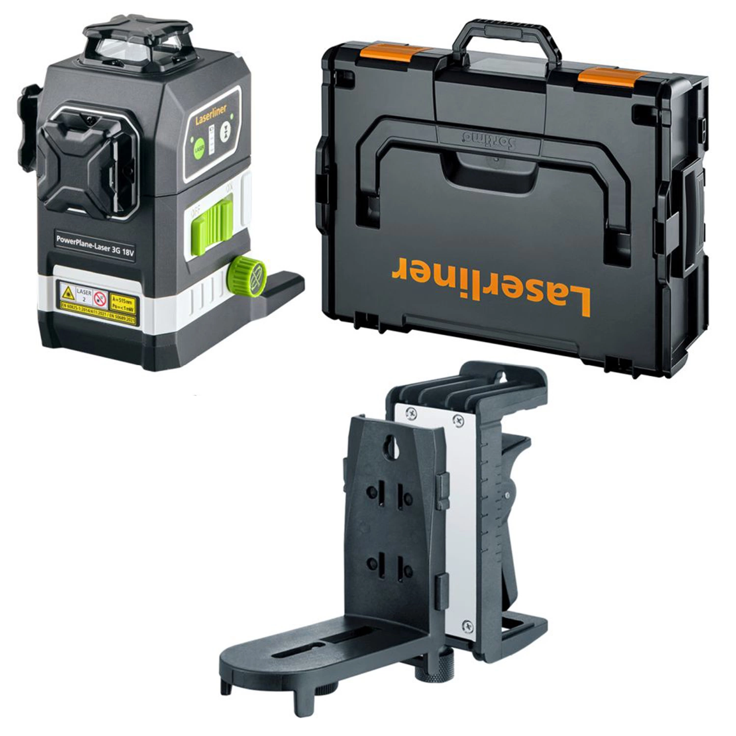 Laserliner PowerPlane-Laser 3G Multi-18V Kruislijnlaser in L-Boxx - 3 lijnen - groen - 60m - IP54 + VarioStand L laserstatief + DeWALT adapter-image