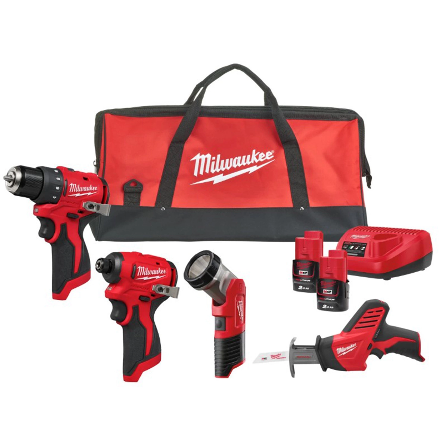 Milwaukee M12 BLPP4A-202B Batterie Li-ion 12 V, kit combiné 4 pièces (2 batteries 2,0 Ah) dans un sac-image