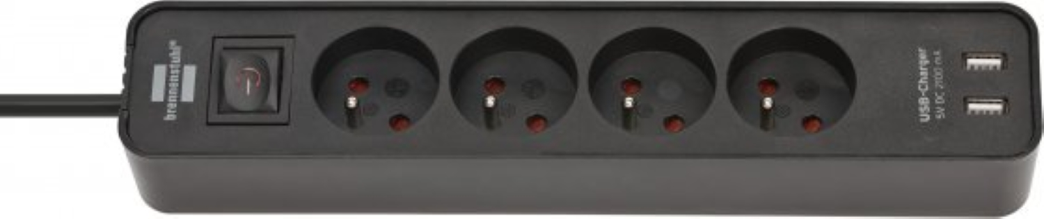 Brennenstuhl Rallonge Ecolor avec chargeur USB 4 gang noir/noir 1.5m H05VV-F 3G1.5 avec interrupteur-image