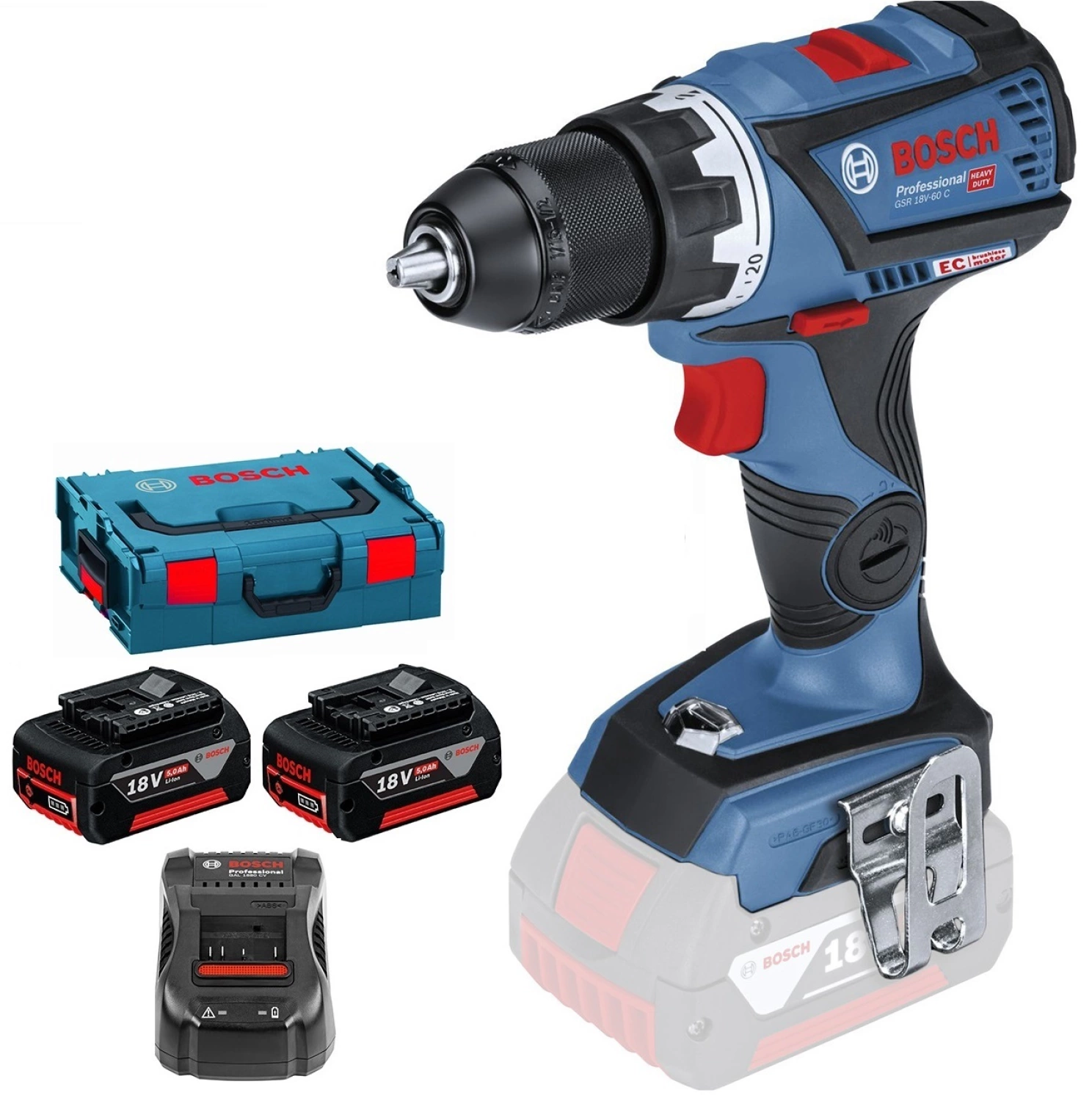 Bosch GSR 18V-60 C - Set perceuse visseuse Li-Ion 18V (2x batterie 5.0Ah) dans L-Boxx - 60Nm-image