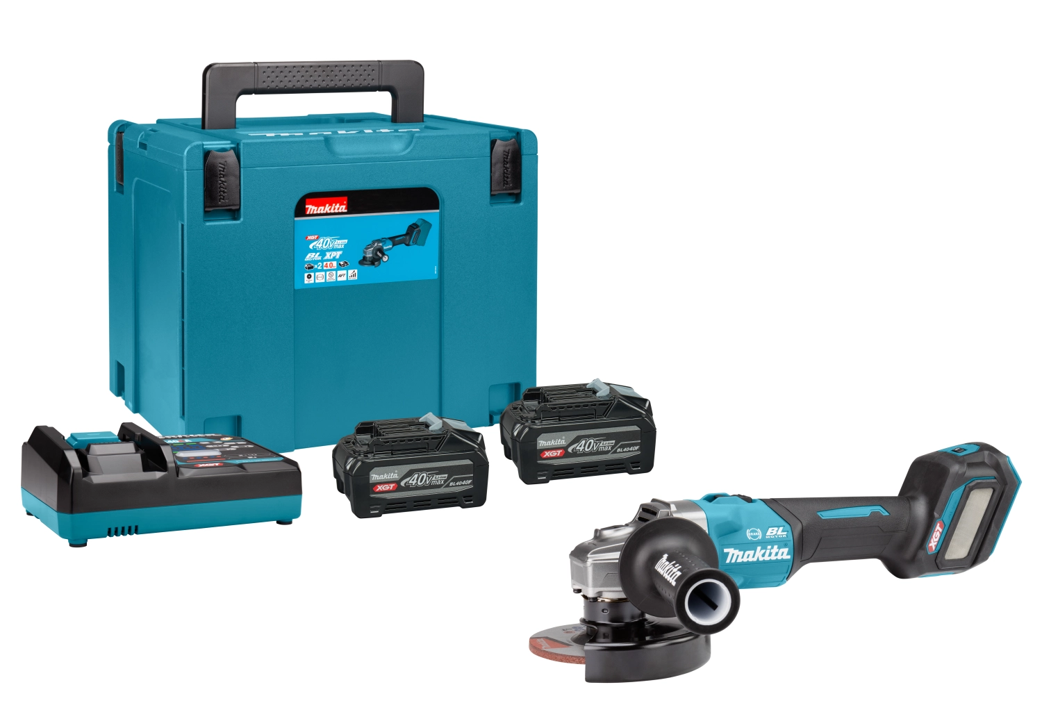 Makita GA023GU201 Meuleuse d'angle sans fil 40V Max Li-ion avec set d'accessoires (2x batterie 4.0Ah) dans Mbox - 125mm - Interrupteur de verrouillage-image