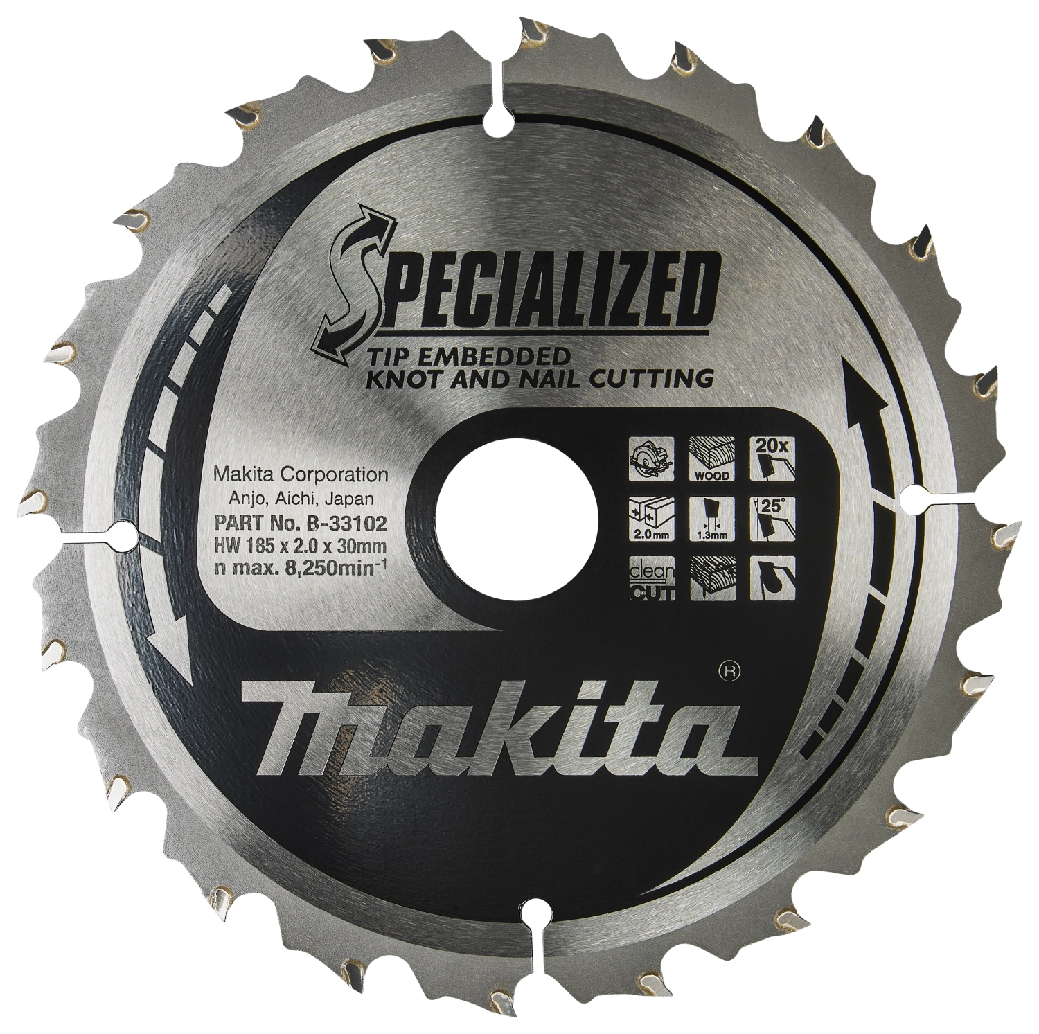 Makita B-33102 Lame de scie circulaire pour bois (nœuds/clous) - 185 x 30 x 2,0 mm 20D