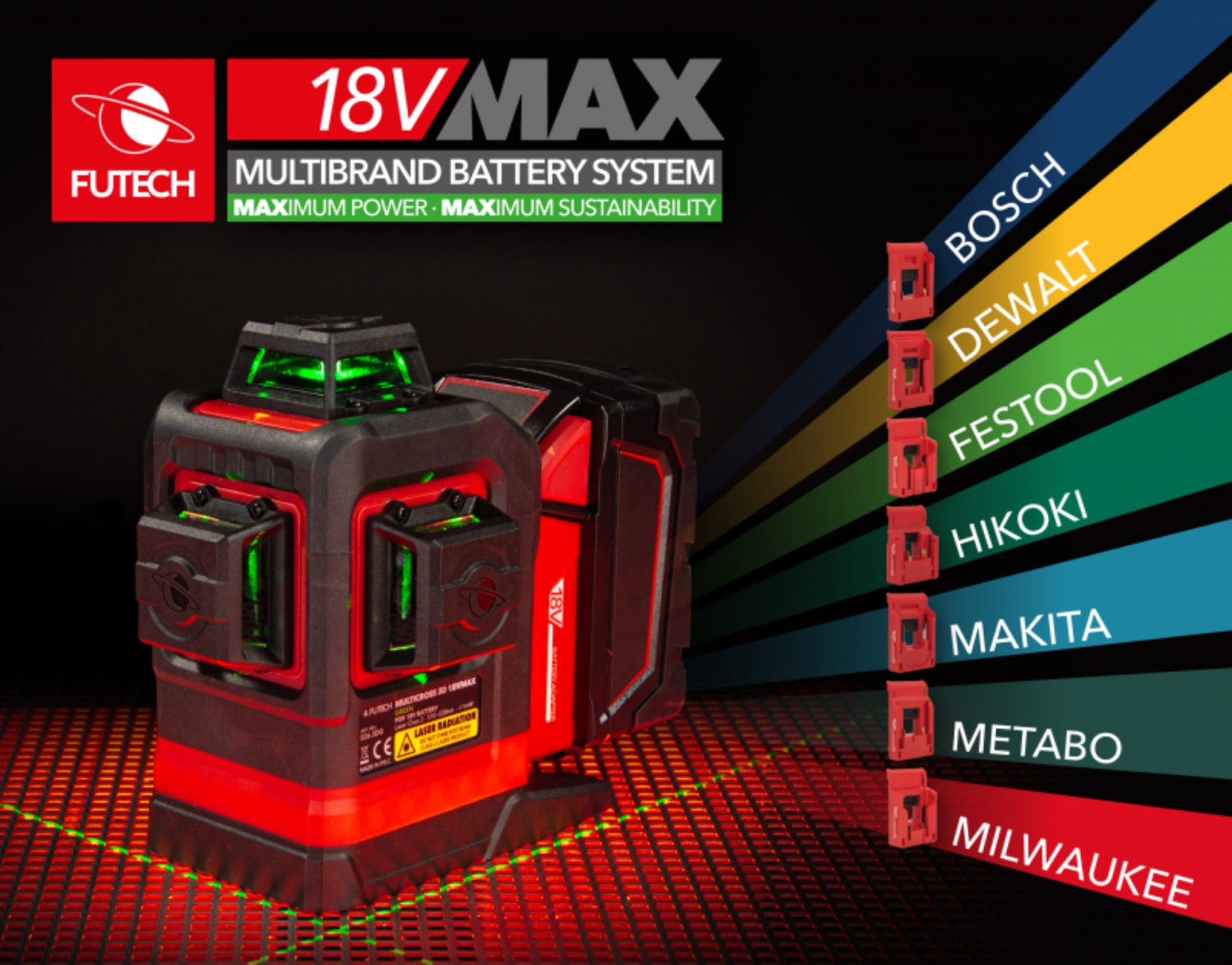 FUTECH Multicross 3D 18VMAX kruislijnlaser - groen - 70m - 3 lijnen-image