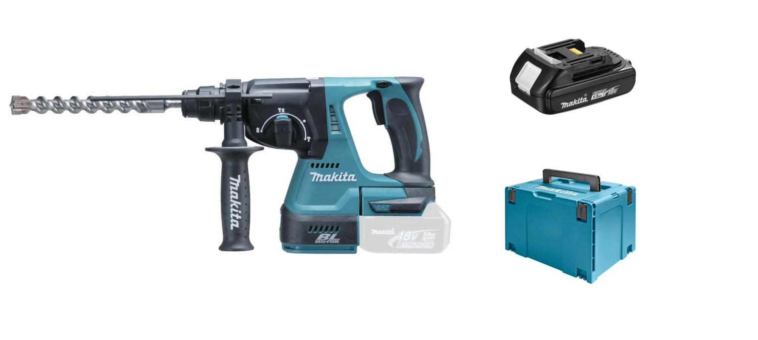 Makita DHR243Y1J 18V Li-Ion Accu SDS-plus combihamer incl. snelspanboorkop set (1x 1.5Ah accu) in Mbox - 2J - koolborstelloos