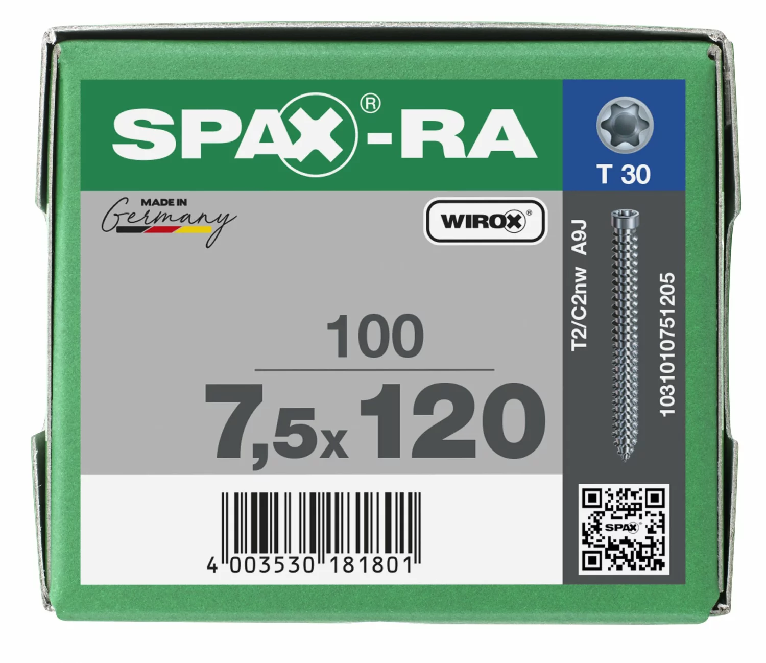 SPAX 1031010751205 - SPAX-RA, 7,5 x 120 mm, 100 pièces, Tête centrante, Tête cylindrique, T-STAR plus T30, WIROX-image