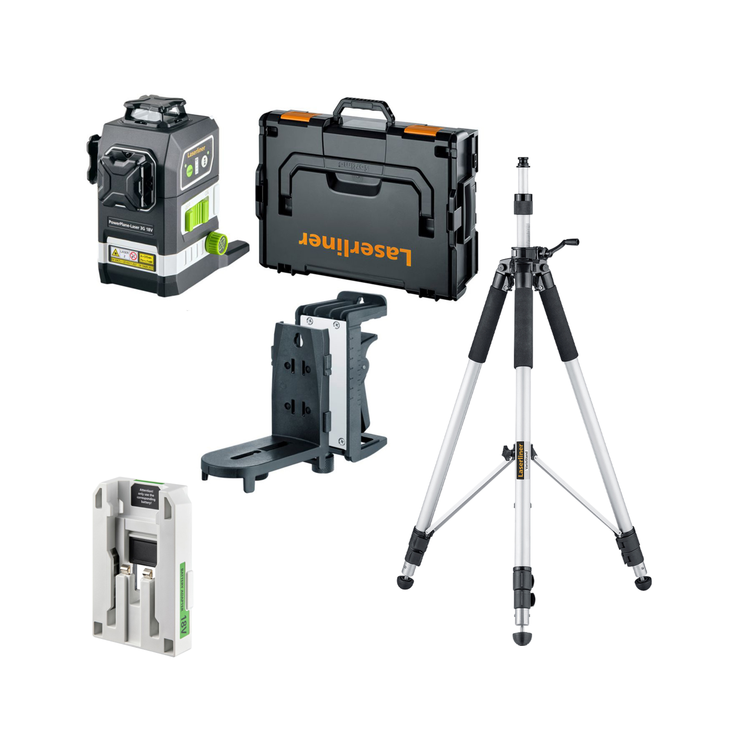 Laserliner PowerPlane-Laser 3G Multi-18V Kruislijnlaser in L-Boxx - 3 lijnen - groen - 60m - IP54 + VarioStand L laserstatief + Festool adapter-image