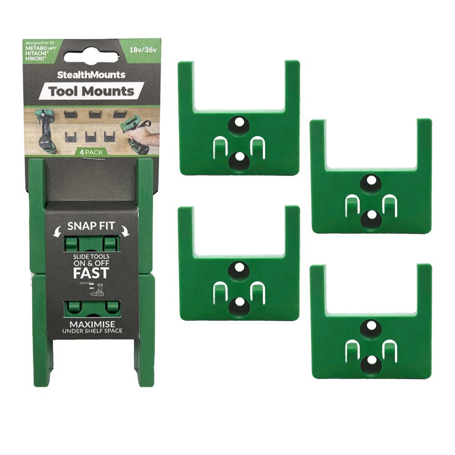 StealthMounts TM-MHH18-GRN-4 Gereedschaphouders voor Hikoki / Metabo / HPT / Hitachi 18V - Groen - 4 stuks-image