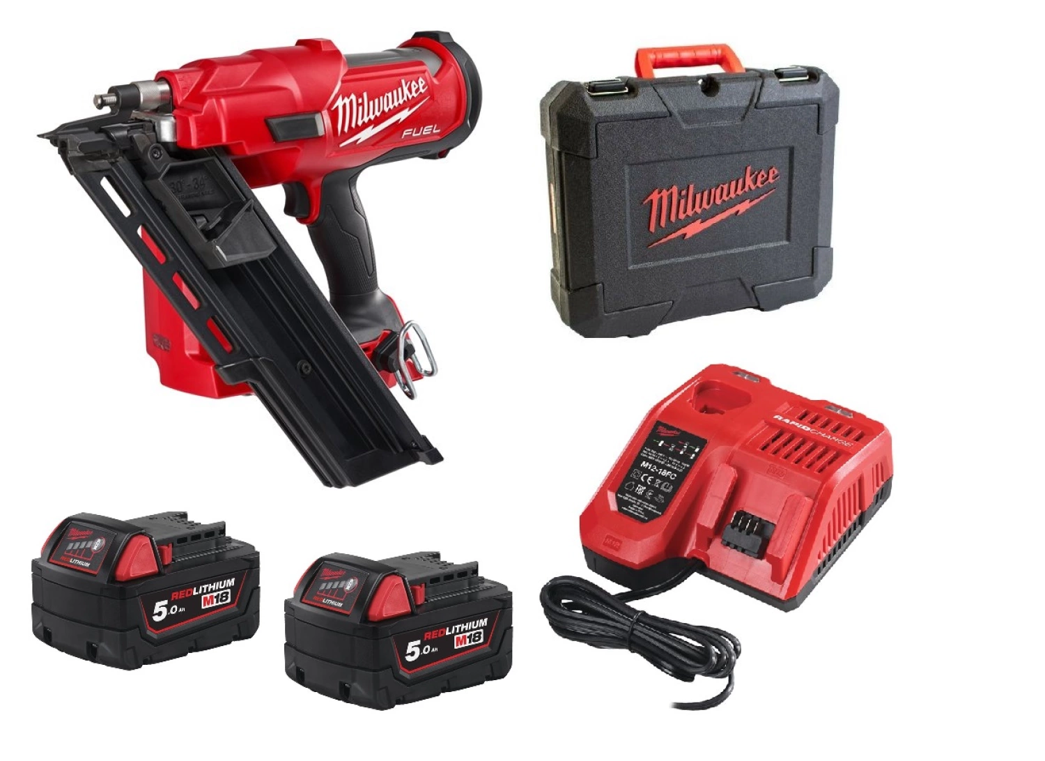 Milwaukee M18 FFN-502C - Set cloueur de charpente Li-Ion 18V (2x batterie 5.0Ah) dans mallette - 2,9-3,32mm - 50-90mm-image