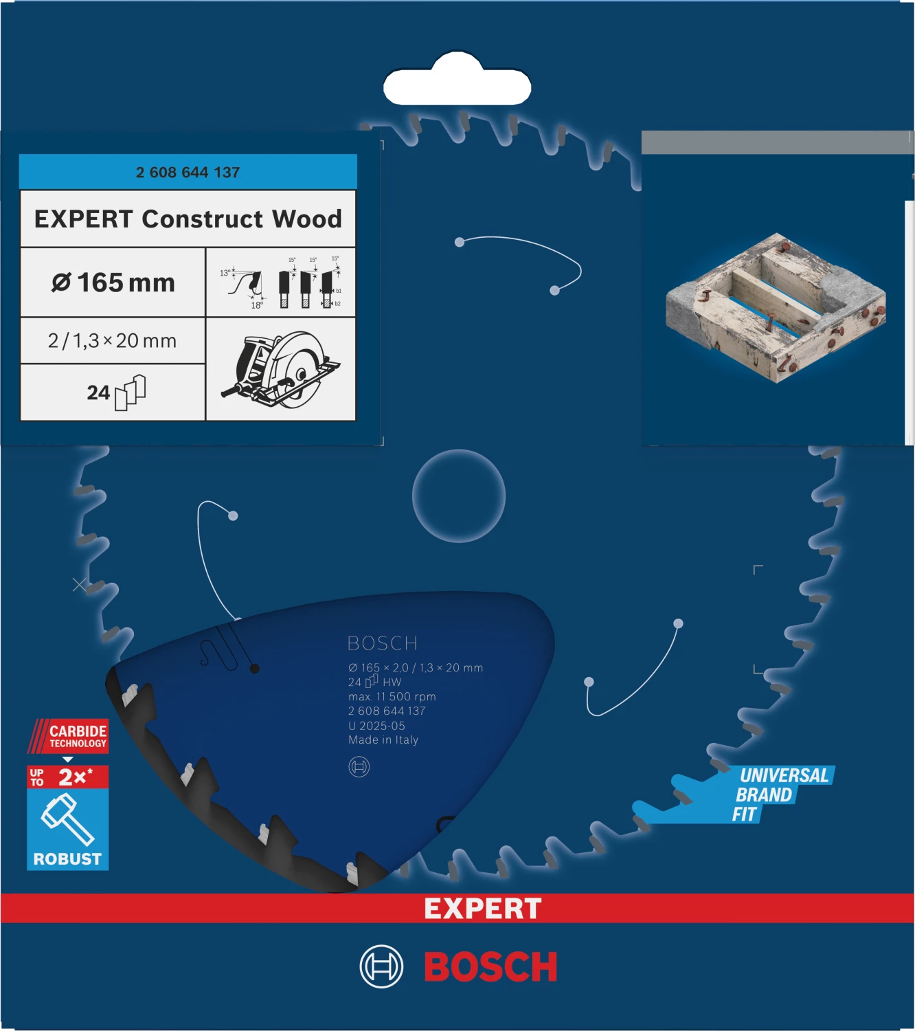 Bosch 2608644137 - Lame de Scie Circulaire Expert pour Construct Wood, 165 x 20 x 2 mm, 24D-image