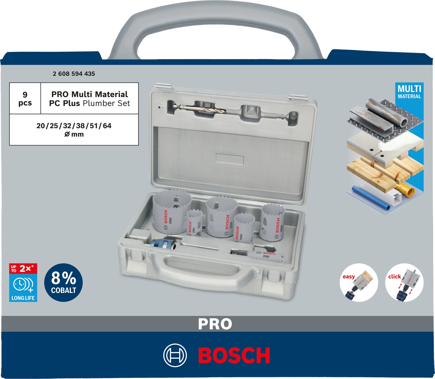 Bosch 2608594435 PRO Jeu de 9 scies-cloches Multi Material PC Plus - 20, 25, 32, 38, 51, 64 mm-image