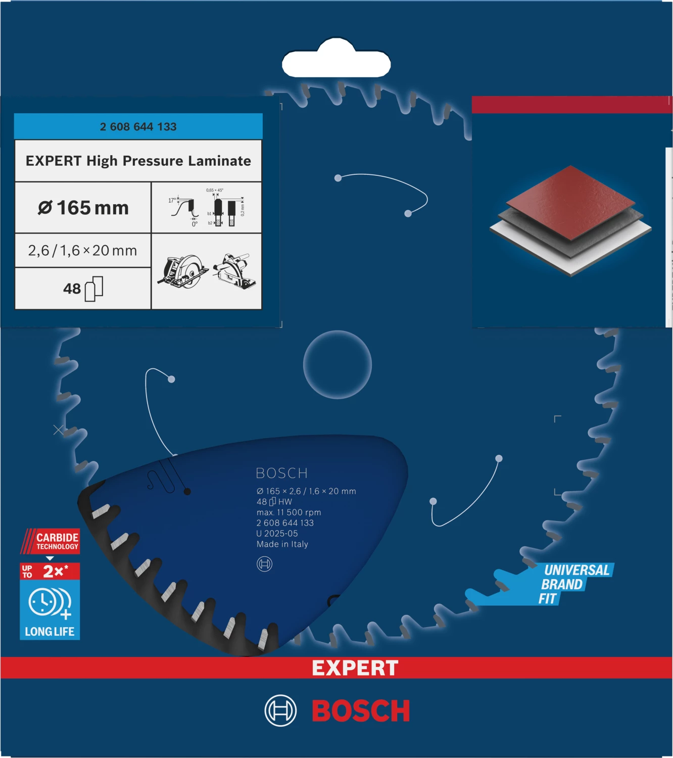 Bosch 2608644133 - Lame de Scie Circulaire Expert pour High Pressure Laminate, 165 x 20 x 2,6 mm, 48D-image