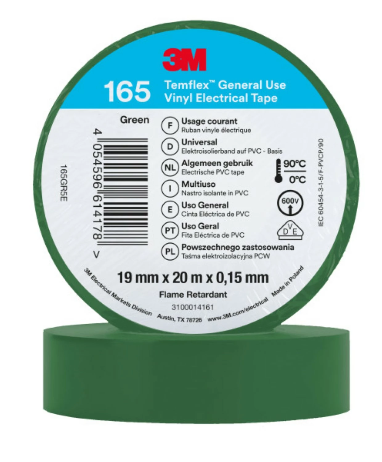 3M 165 Temflex Ruban isolant en vinyle vert - 20 m x 19 mm-image