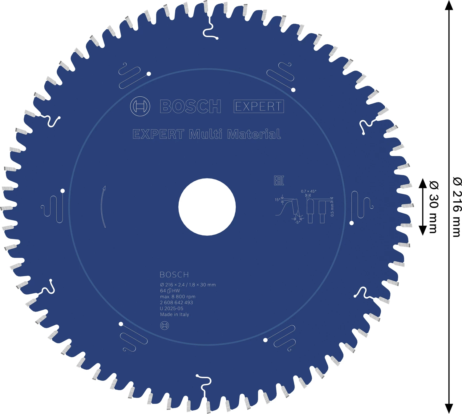 Bosch 2608642493 - Lame de Scie Circulaire Expert pour Multi Material, 216 x 30 x 2,4 mm, 64D-image