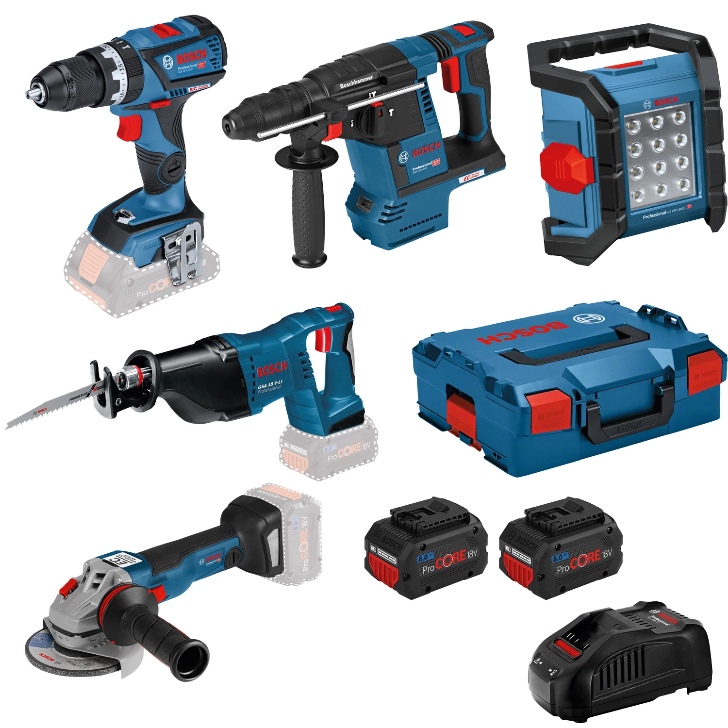 Bosch Accu toolkit 5 Toolkit 18V GSB 18V-60 C + GWS 18V-10 C + GBH 18V-26 + GSA 18V-LI + GLI 18V-1200 C - 1x ProCORE 18V 4,0Ah + 2x ProCORE18V 8,0Ah-image