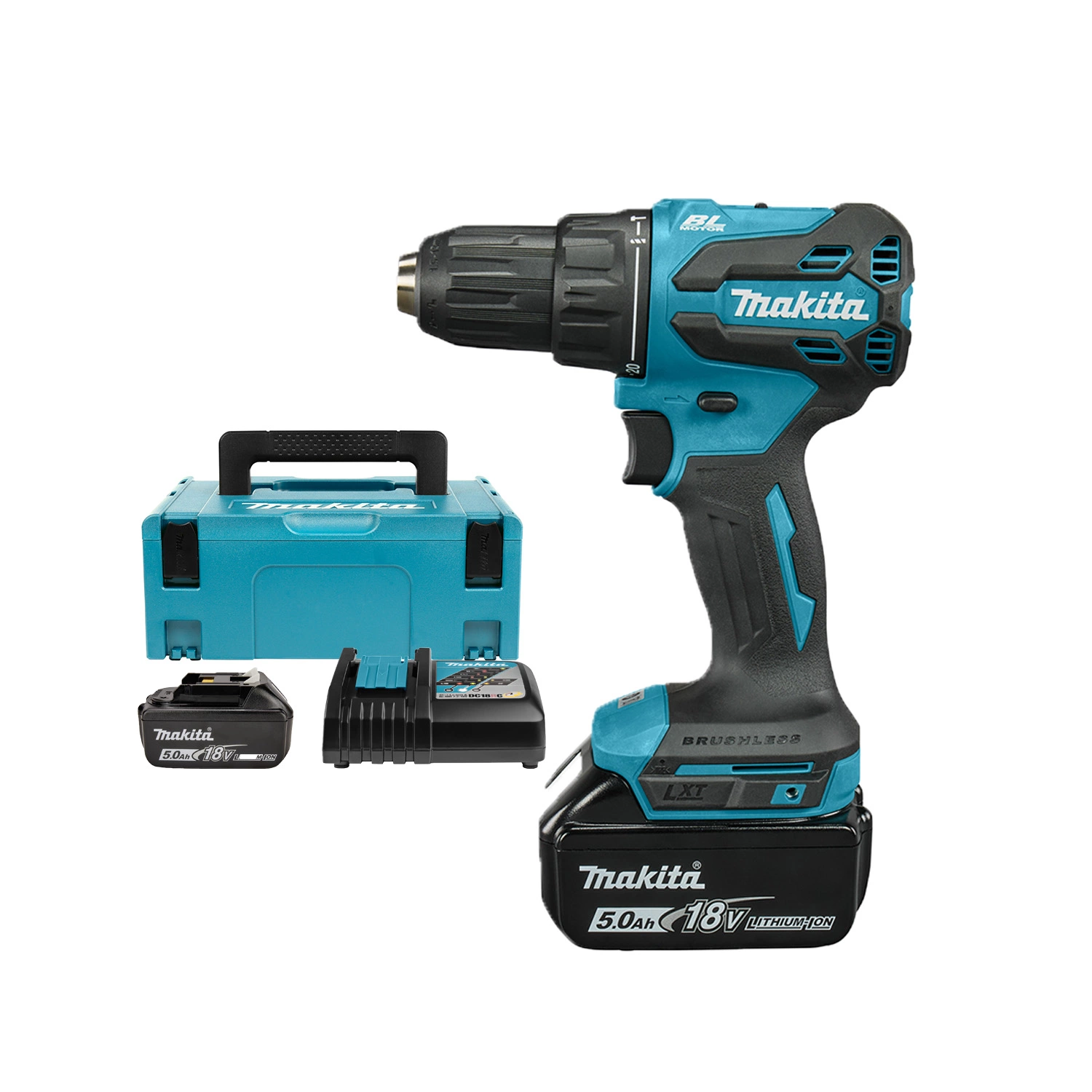 Makita DHP490RTJ 18 V Li-ion kit perceuse-visseuse à percussion sans fil (2 batteries 5,0 Ah) dans Mbox --image