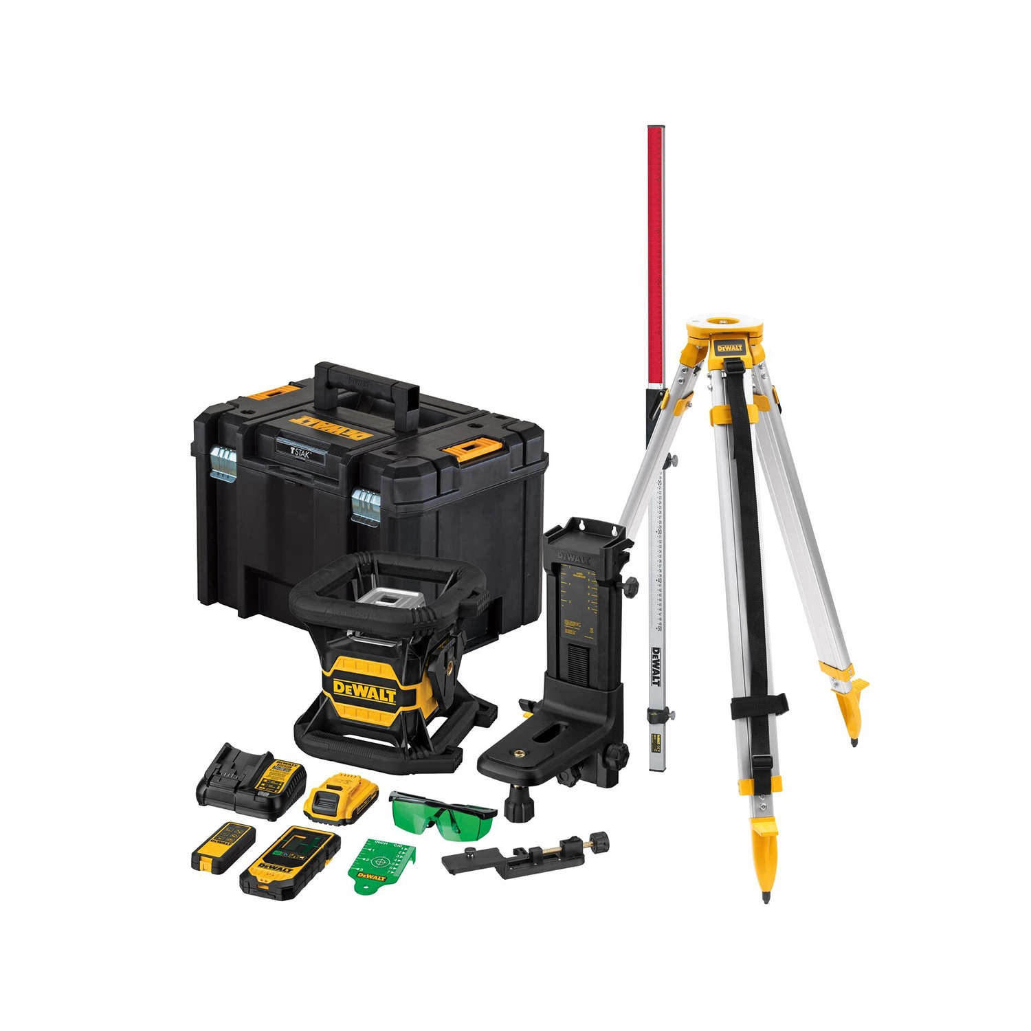DeWALT DCE080D1GS-SET 18V Li-ion XR Accu Volautomatische roterende laser set (1x 2.0Ah) in TSTAK koffer - groen - met statief en meetlat-image