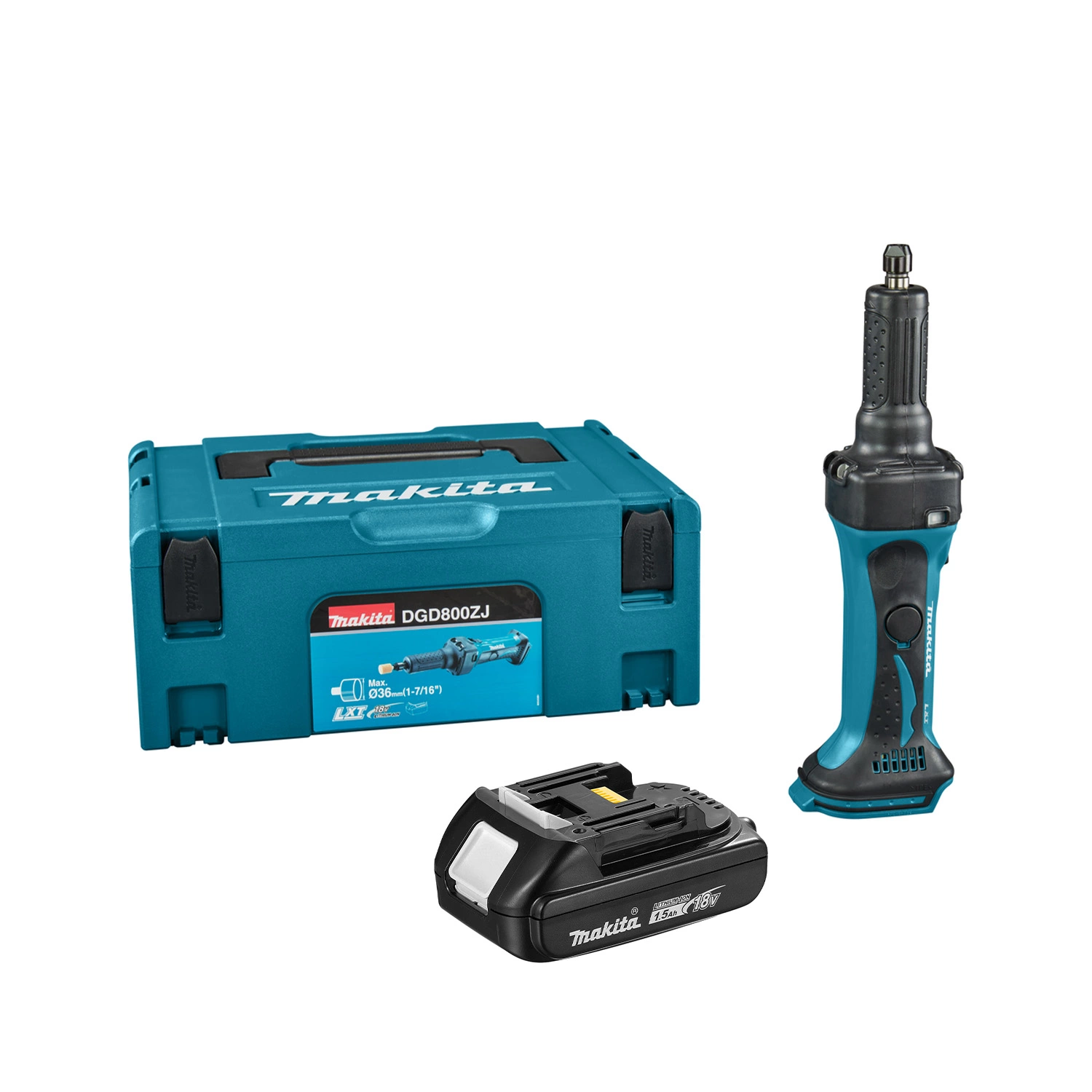 Makita DGD800Y1J Meuleuse droite sans-fil - 18V Li-ion - 1 batterie 1,5 Ah - MAKPAC - 6 mm - Machine seule-image